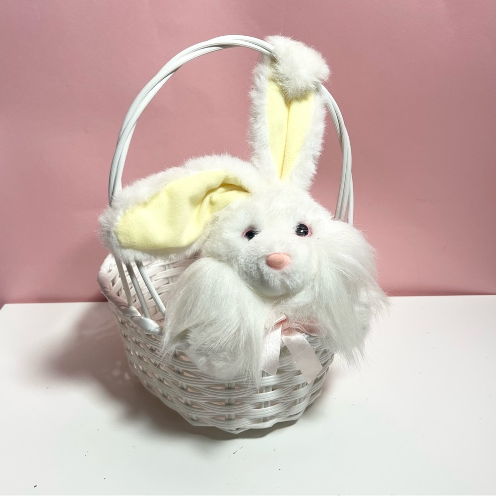 Vintage retro 90s plush bunny rabbit wicker Easter basket